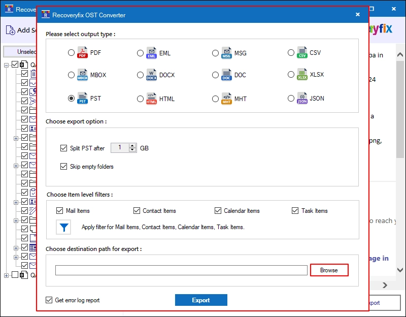Choose destination path for export